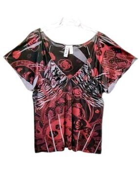 LSter Red Black Gray Ruched Empire Waist Tie Back Top 3X